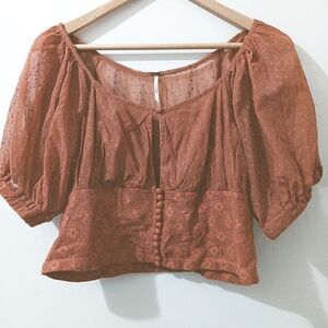 Free People Heartstrings Dainty Button Front Sheer Swiss Dot Puff Sleeve Top